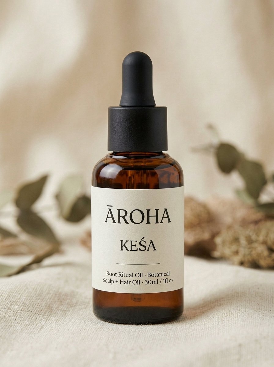 KEŚA Scalp Regeneration Oil — 30ml square glass bottle, deep moss liquid